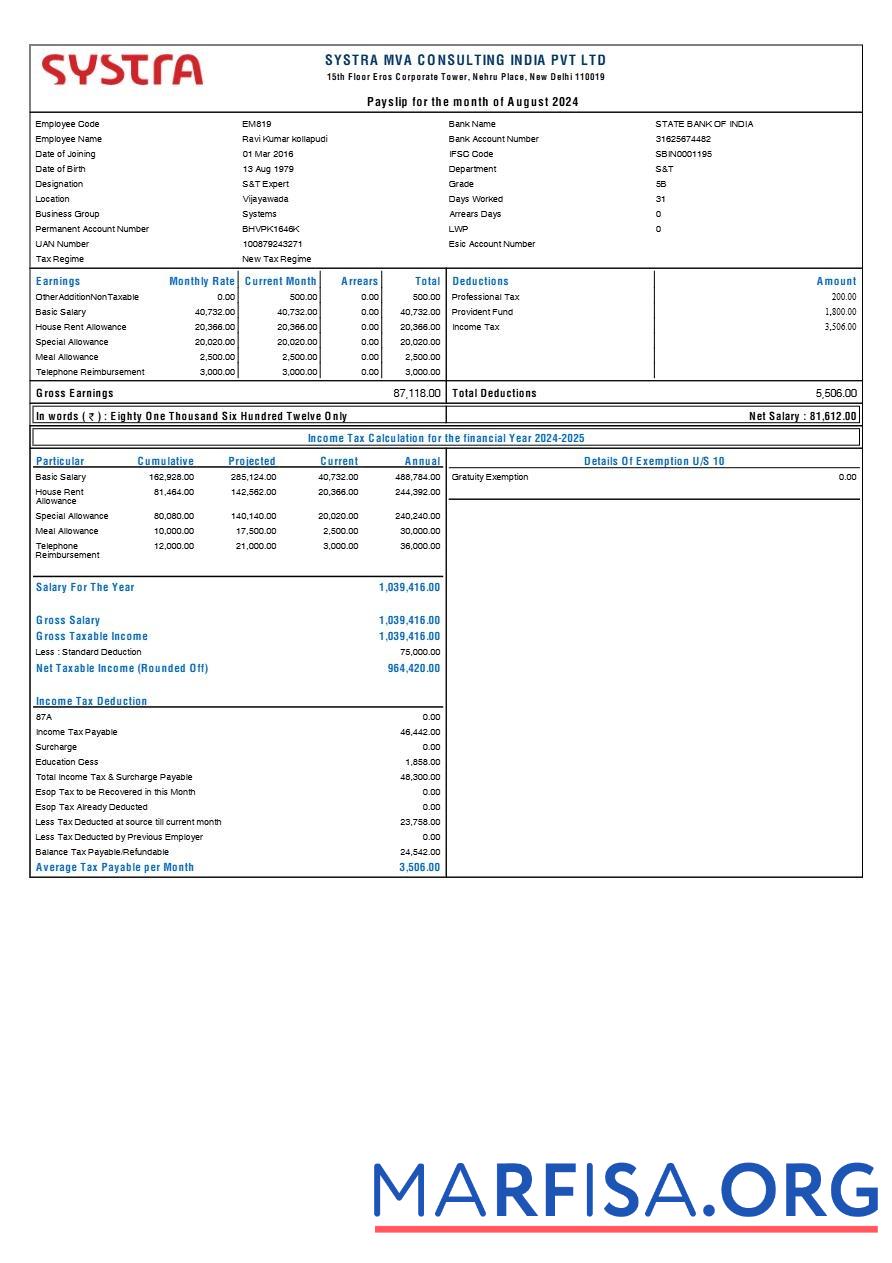 Downloadable Systra MVA Consulting India payslip example